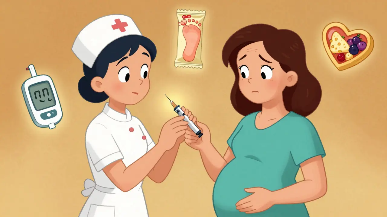 Nurse giving insulin pen to pregnant woman with friendly medical symbols around