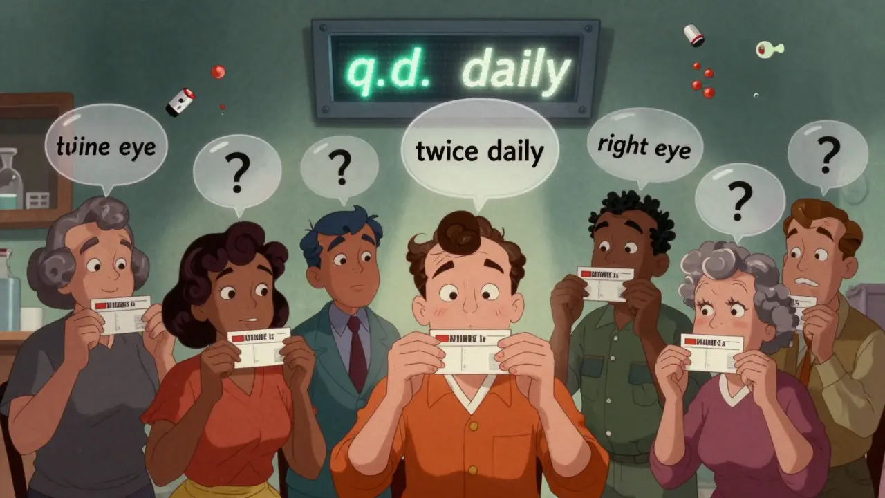 Patients hold prescriptions as Latin abbreviations transform into plain English phrases above them.