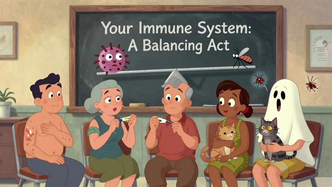 Patients in a clinic waiting room, one hiding a rash, others cautious around pets and insects.