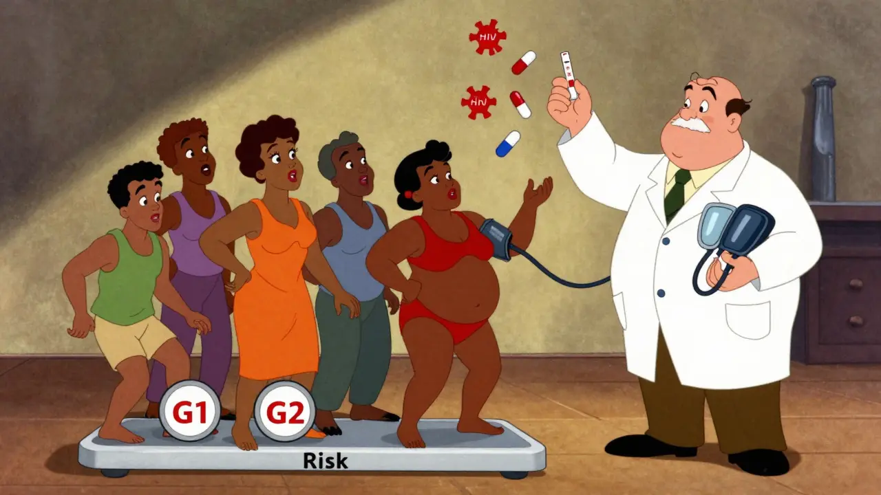 People with African ancestry protected by medical tools, with risk factors falling away in cartoon style.