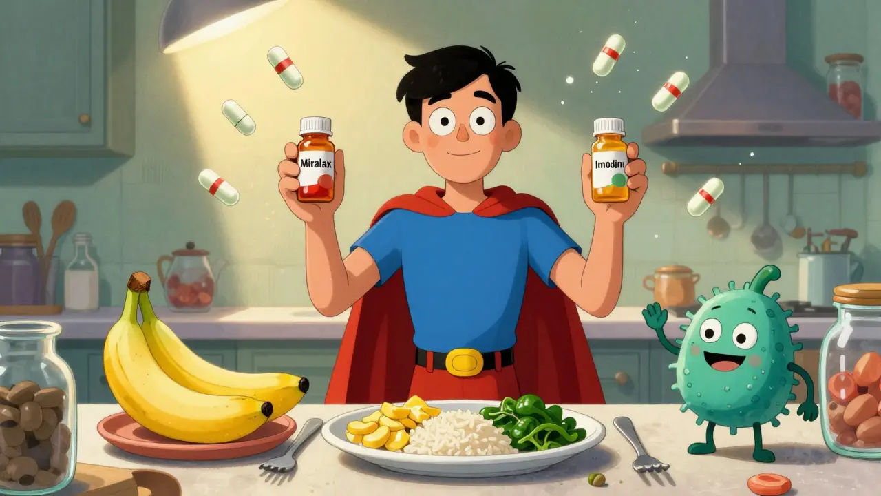 Person holding IBS medications with floating peppermint capsules and friendly gut bacteria.