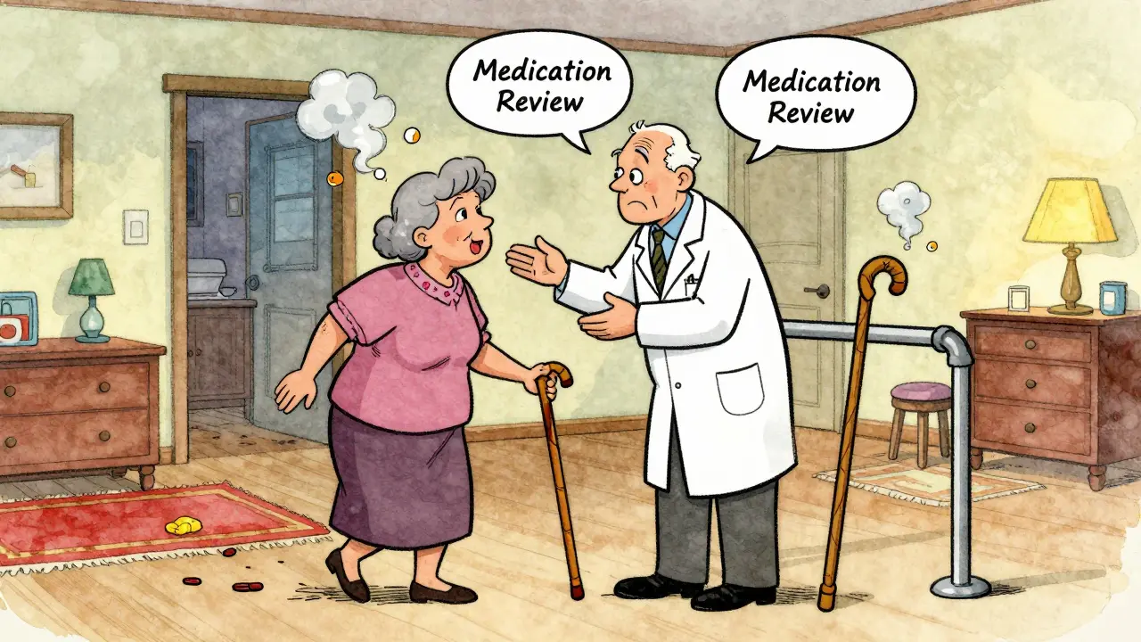 Pharmacist helping senior review meds as risky drugs dissolve and safety features appear.