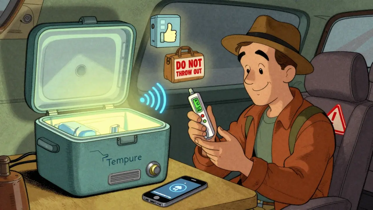 Smart medication cooler glowing with Bluetooth connection, surrounded by safe storage icons.