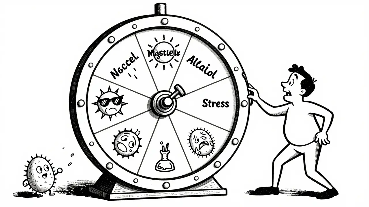 Spinning carnival-style trigger wheel with exaggerated icons for NSAIDs, alcohol, heat, stress, and perfumes.