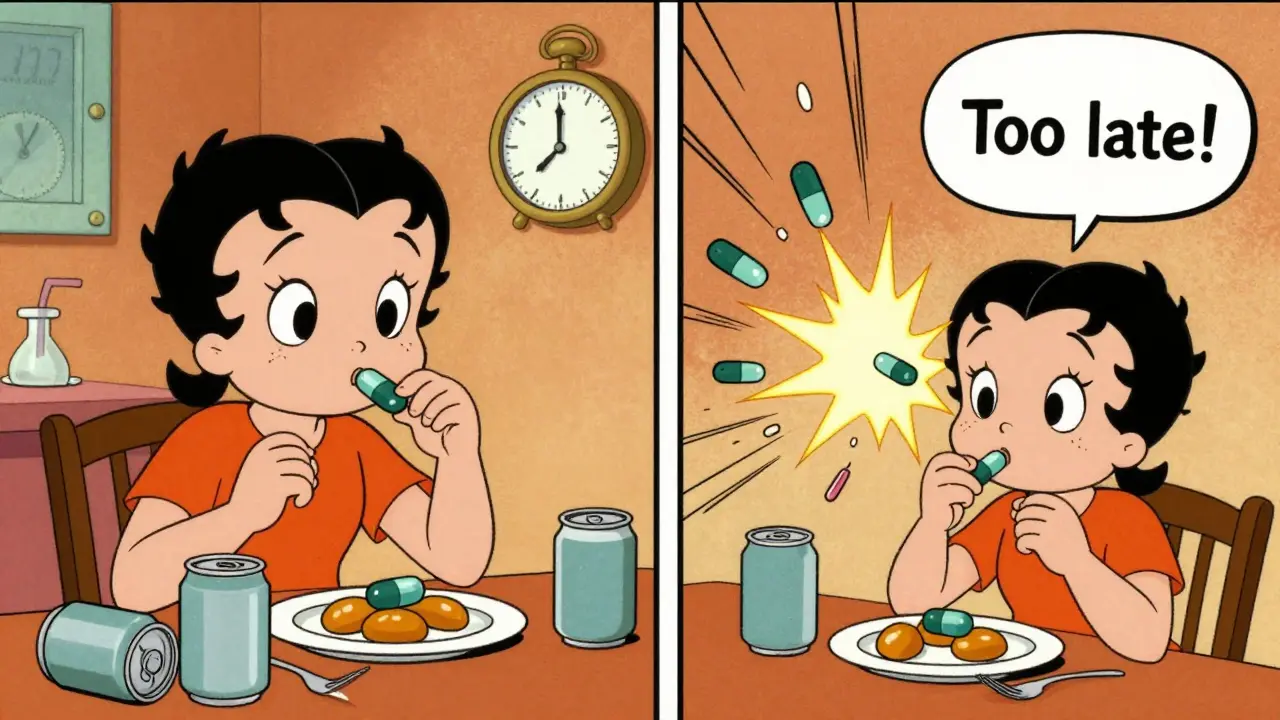 Split illustration: calm mast cells with pill vs. exploding mast cells without pill, with a clock showing 30 minutes.