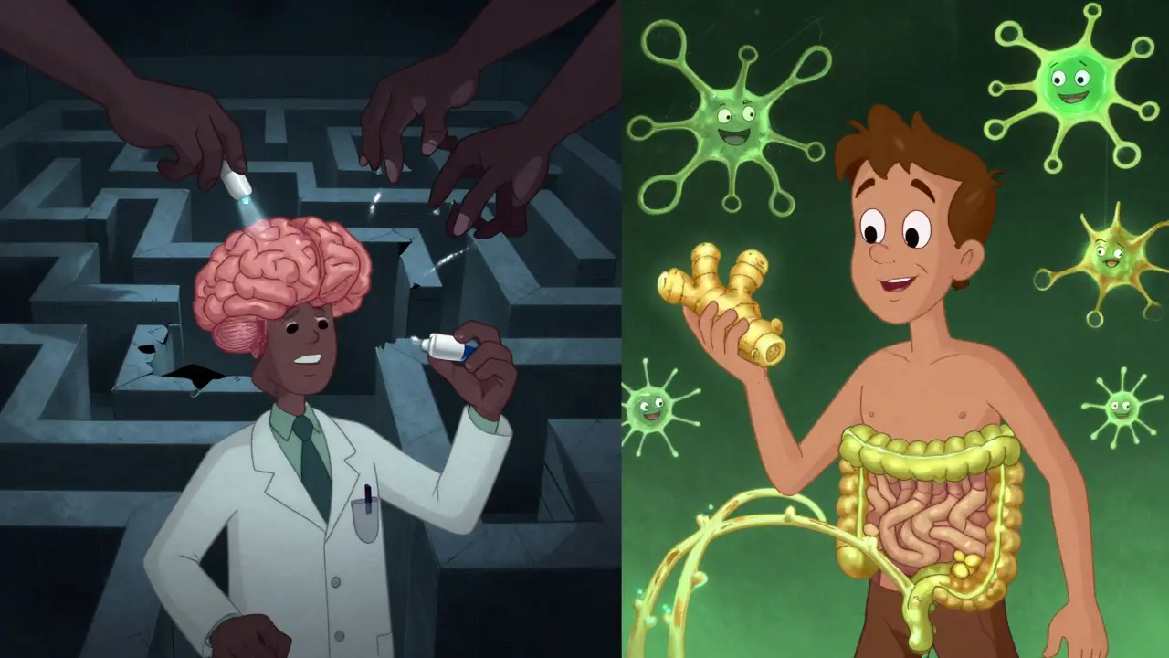 Split scene: dangerous dopamine blockers vs. safe alternatives like ginger and cyclizine, shown in cartoon contrast.