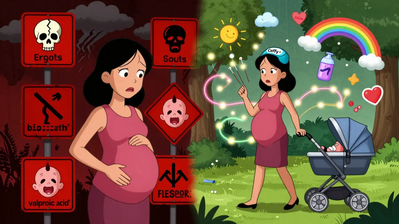 Split scene: dangerous migraine meds on one side, safe natural treatments on the other, all in Fleischer Studios cartoon aesthetic.