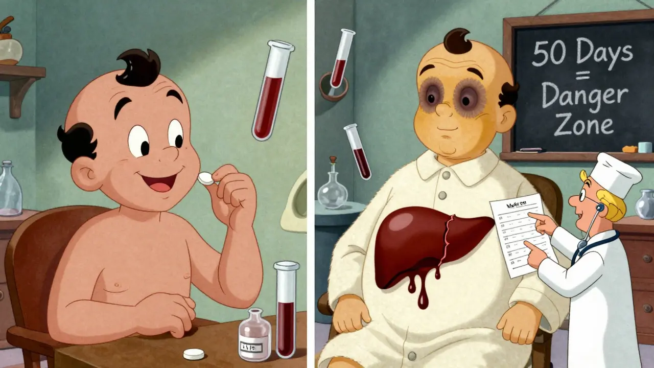 Split scene: happy patient vs. jaundiced patient with liver oozing dark liquid in vintage cartoon style.