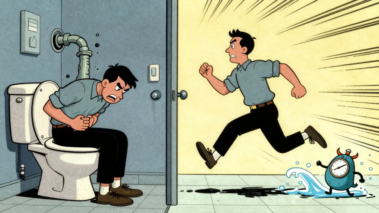 Split scene of someone struggling with constipation and diarrhea in exaggerated cartoon motion.