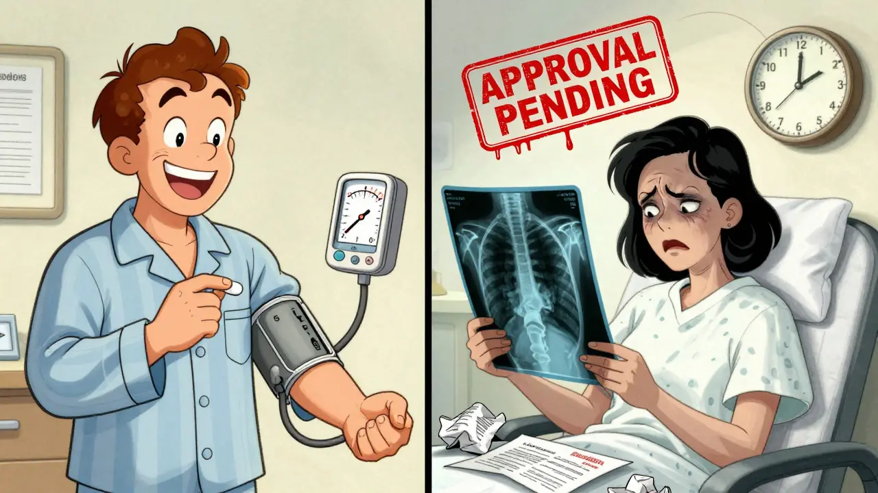 Split scene: one man happy with cheap pill, another suffering with denied treatment and a clock ticking.