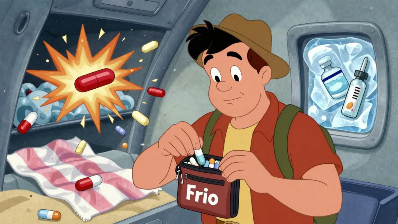 Traveler placing meds in an insulated wallet while chaotic heat damage unfolds around them.