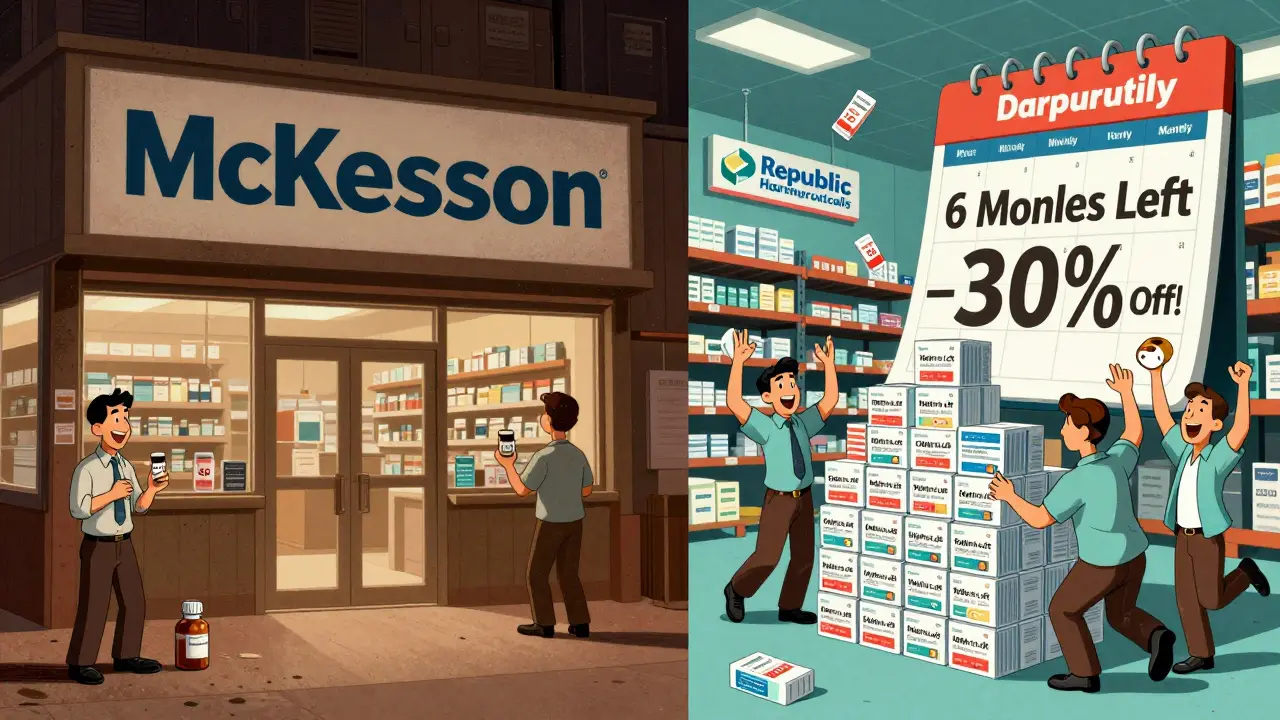 Two contrasting pharmacies: one dark and cramped, the other bright with discounted short-dated stock.