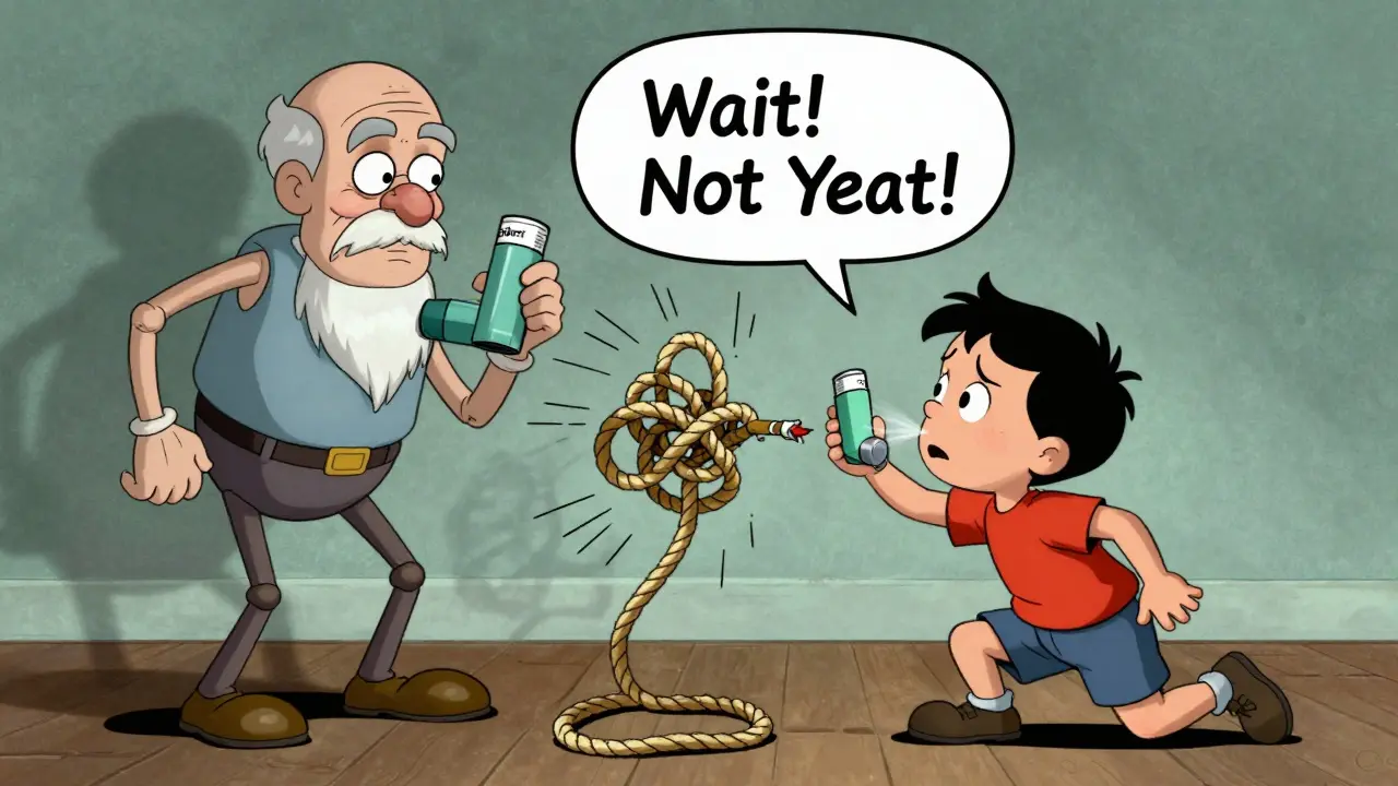 A child reaching for a green combination inhaler while a talking inhaler warns them to wait.