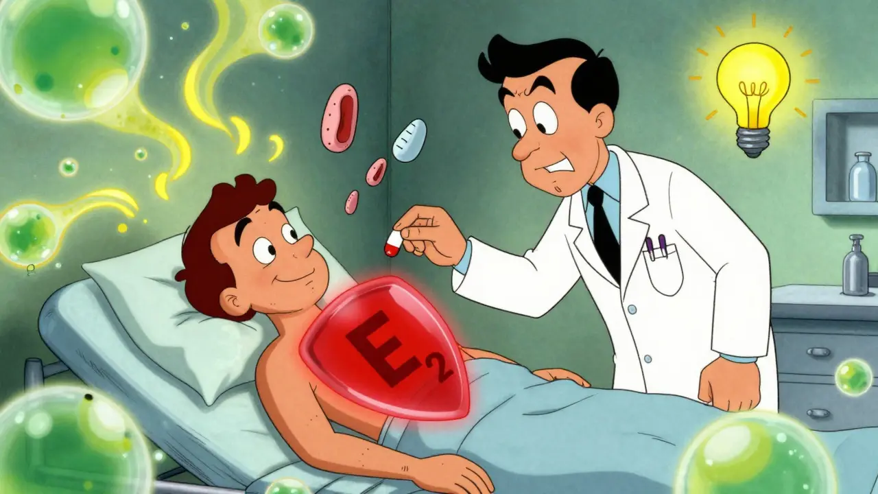 A doctor giving aspirin to a patient as inflammatory bubbles burst and a protective shield forms around their chest.