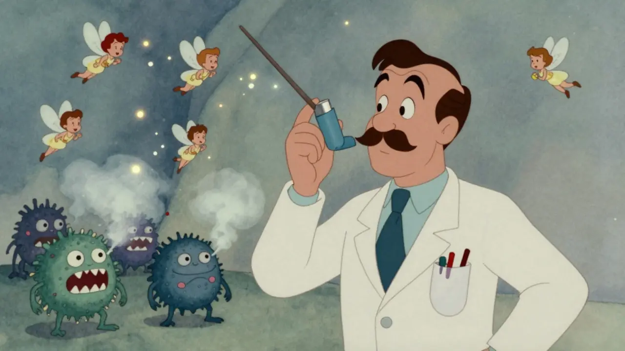 A doctor using a blue maintenance inhaler to defeat inflammation monsters with floating medicine fairies.