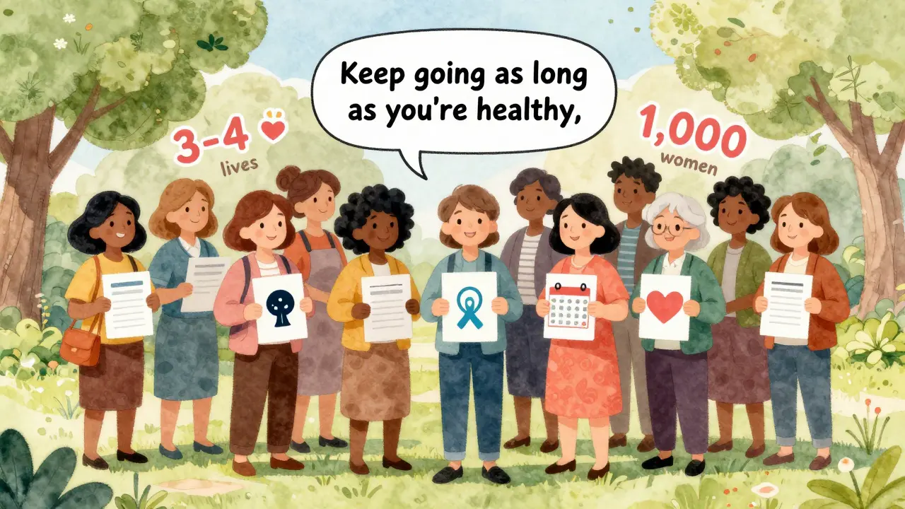 A group of women of different ages holding personalized screening plans in a sunny park setting.