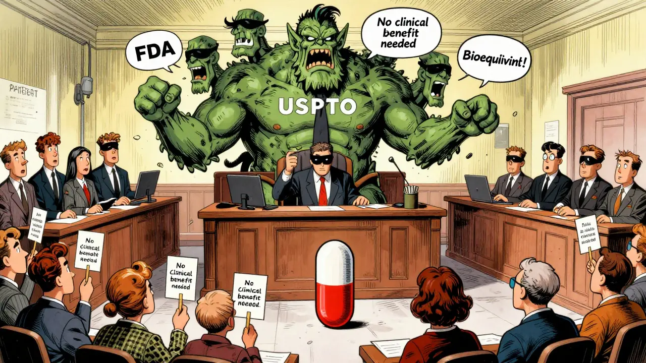 A lone generic pill on trial against a patent monster in court, with blindfolded judges and confused patients as jurors.