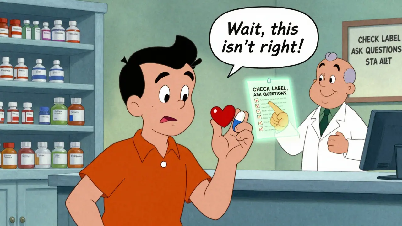 A patient confidently checks their medication against the label, questioning a possible error with a pharmacist nearby.