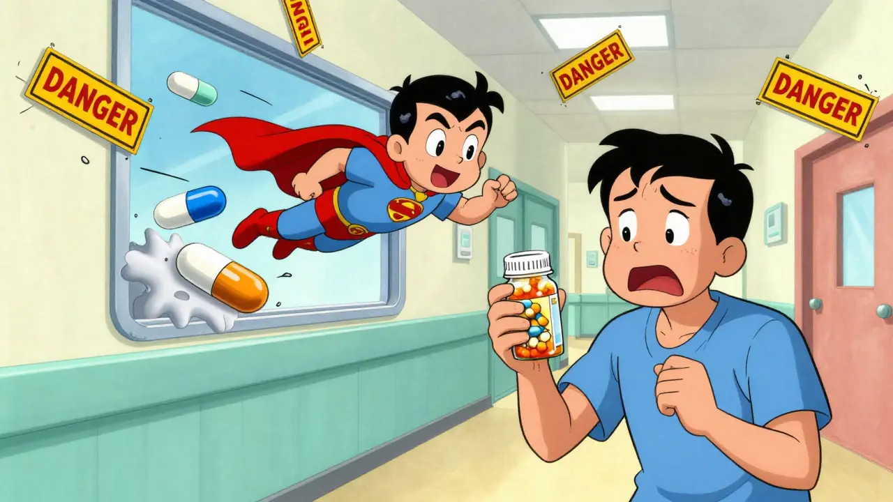 A patient holding antidepressants as a linezolid superhero flies in, dodging crumbling danger signs.