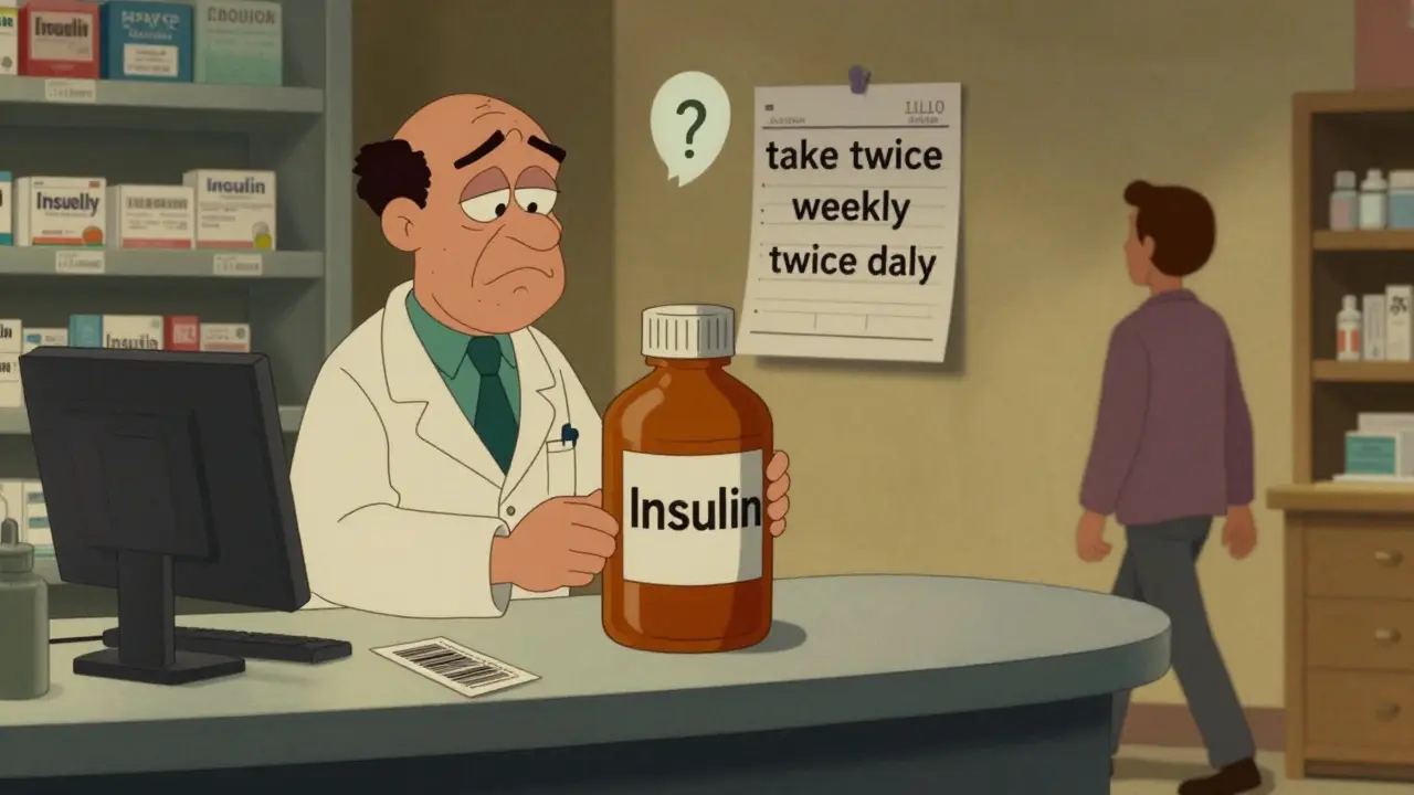 A pharmacy customer walks away with a mislabeled prescription while a pharmacist overlooks the mistake.
