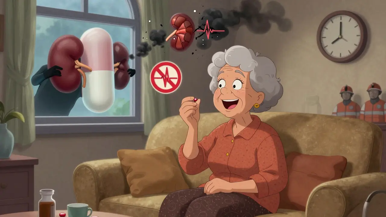 An elderly woman holds a colchicine pill as a menacing clarithromycin pill enters, with collapsing body organs around her.