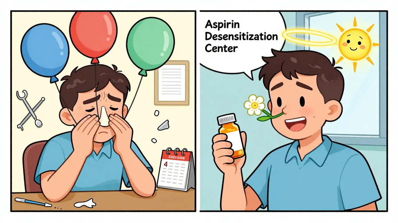Before-and-after scene: one side shows recurring nasal polyps and failed surgeries, the other shows relief with aspirin and restored sense of smell.