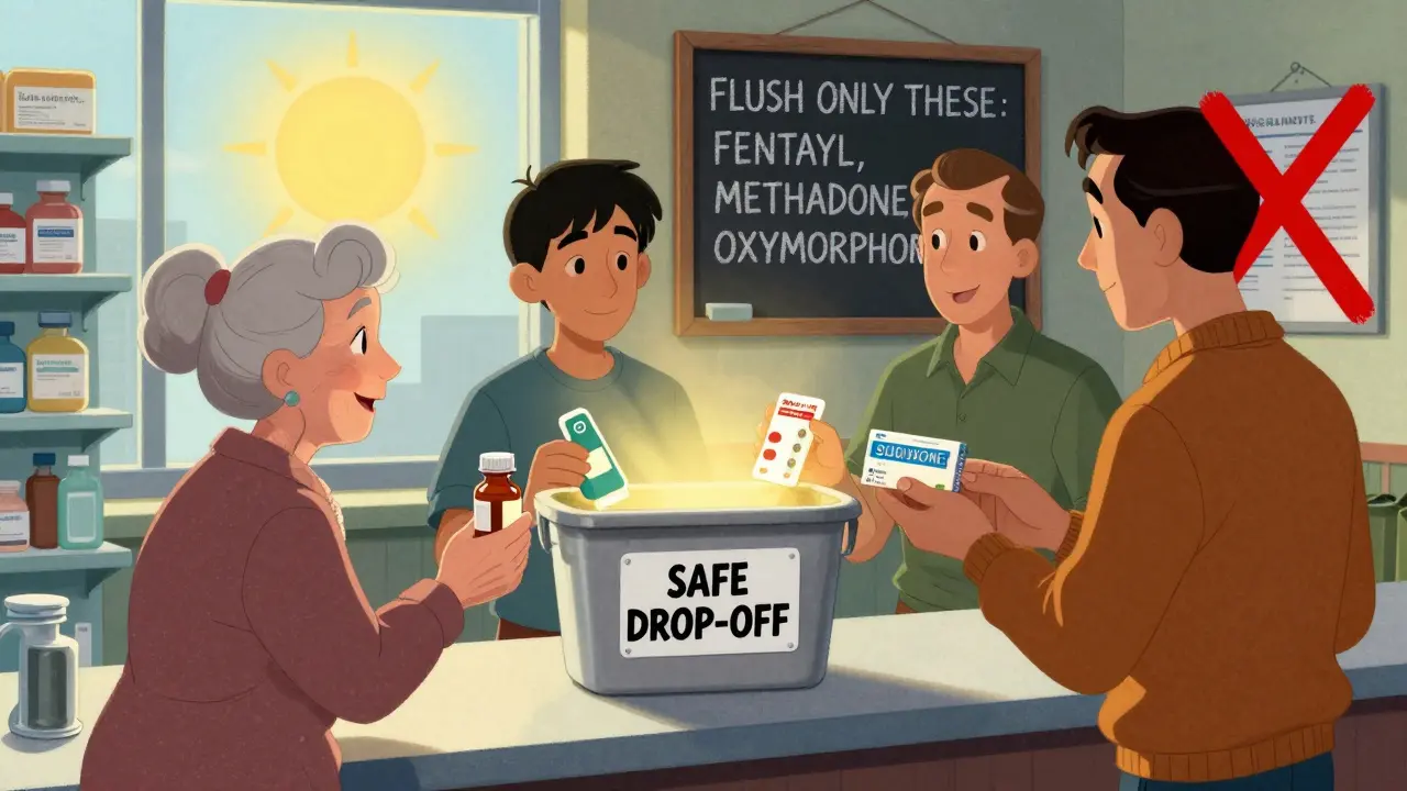 Diverse people drop medications into a safe disposal bin at a pharmacy, while a trash can is marked with a red X.