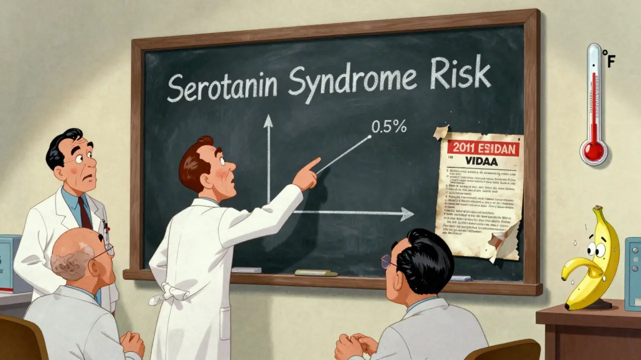 Doctors arguing over a chalkboard showing low serotonin syndrome risk while an old FDA warning peels off.