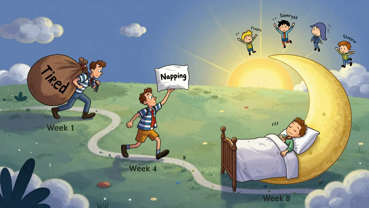 Eight-week journey from exhaustion to peaceful sleep, illustrated as a whimsical path with helpful tech icons.