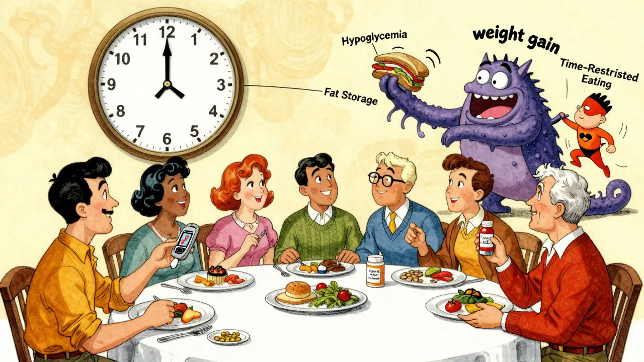 People at a table with a time-restricted eating clock, fighting a weight gain monster, in Fleischer Studios animation style.