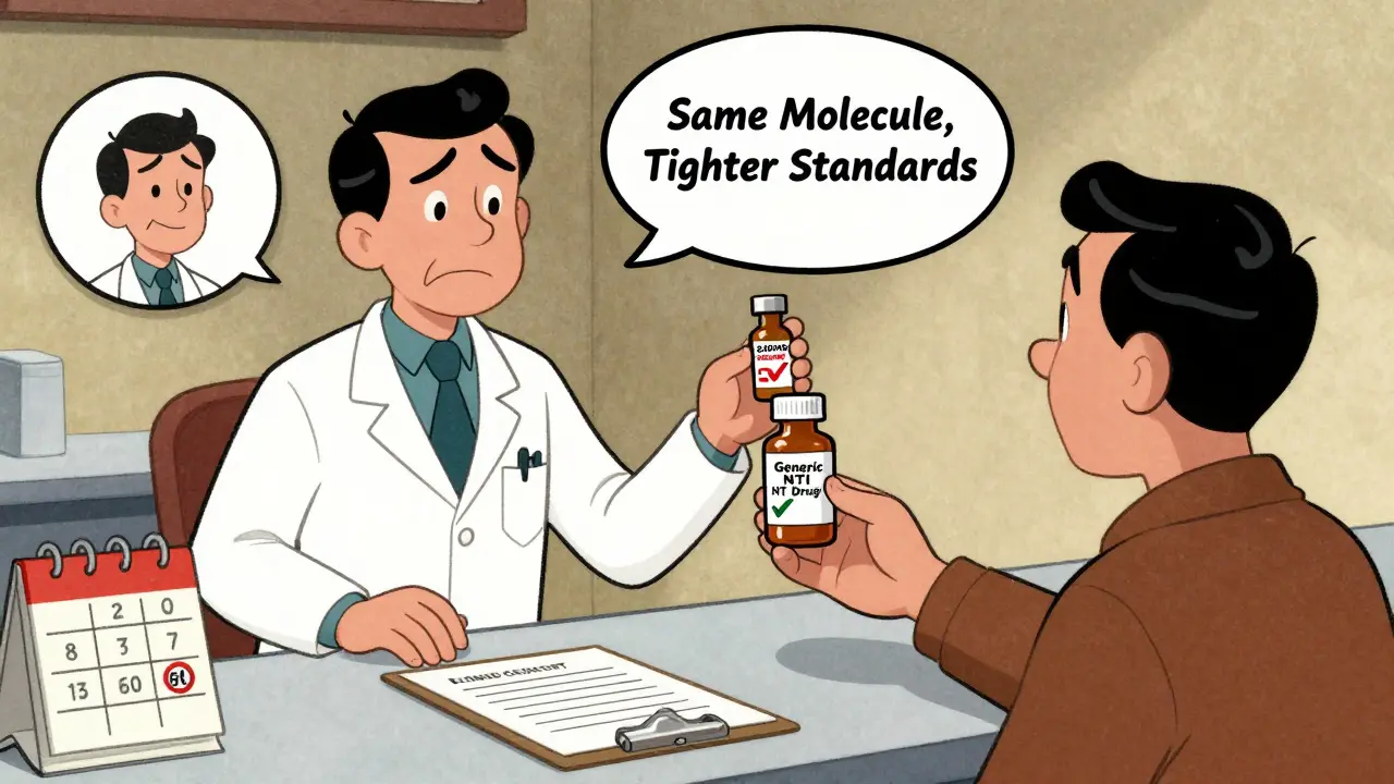 Pharmacist hands patient generic NTI prescription as thought bubbles show shift from fear of cost to confidence in equivalence.