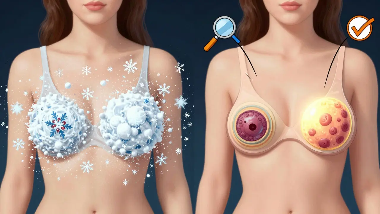Side-by-side cartoon comparison of 2D and 3D breast imaging, showing tumor visibility in dense tissue.