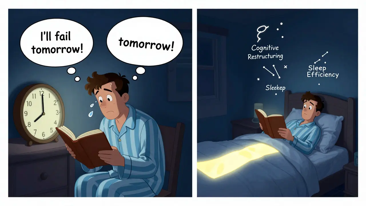 Split scene: anxious night watch vs. calm reading, with sleep improvement icons floating above.