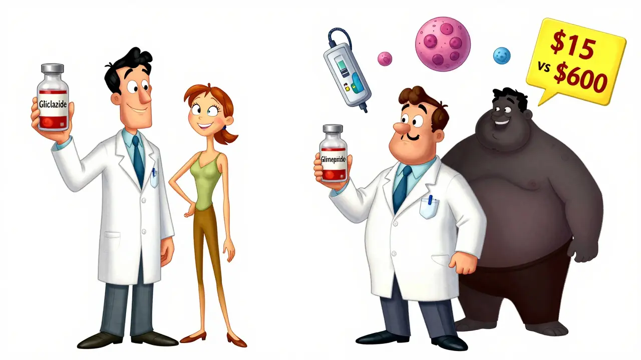 Split scene comparing gliclazide and glimepiride: one leads to slimness, the other to weight gain, in vintage cartoon style.