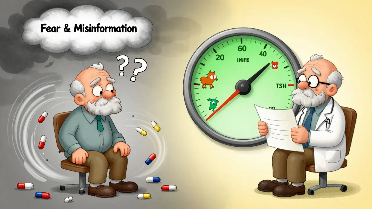 Split scene: confused patient surrounded by chaos vs. calm patient with speedometer chart showing safe therapeutic range.
