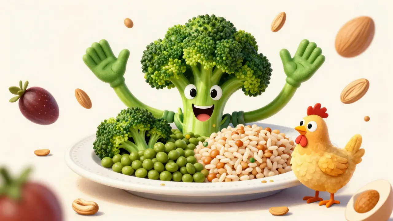 Whimsical plate of plant-based foods with smiling vegetables and tiny meat sides.
