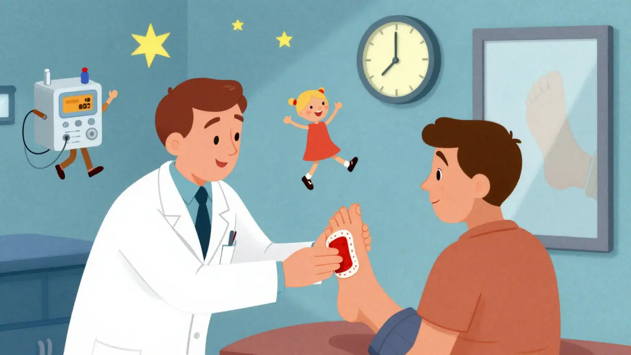 A doctor applies a nerve pain patch to a foot while medical tools dance around, and a clock shows night turning to day.