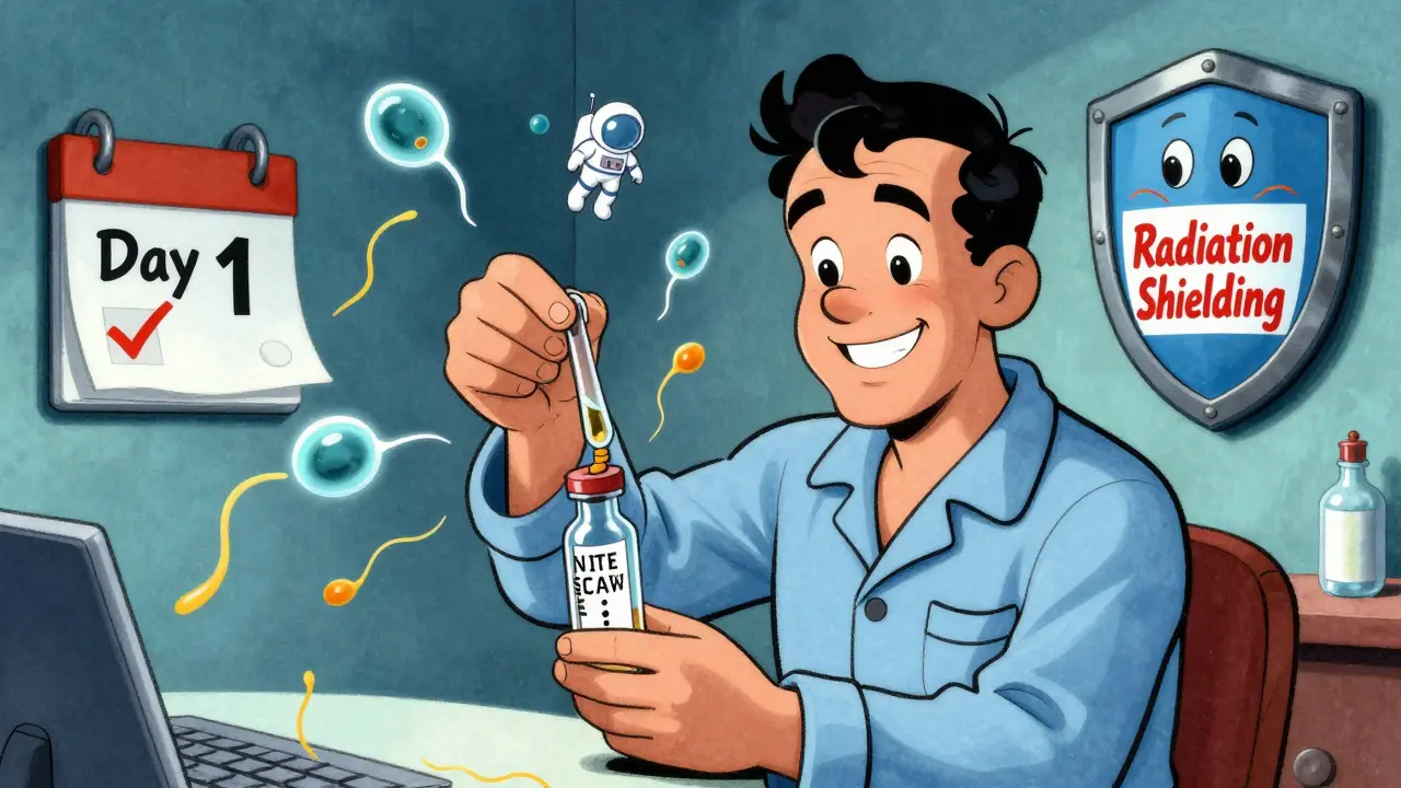 A man smiles while banking sperm, with frozen sperm cells floating like astronauts and a radiation shield nearby, in Fleischer Studios cartoon style.