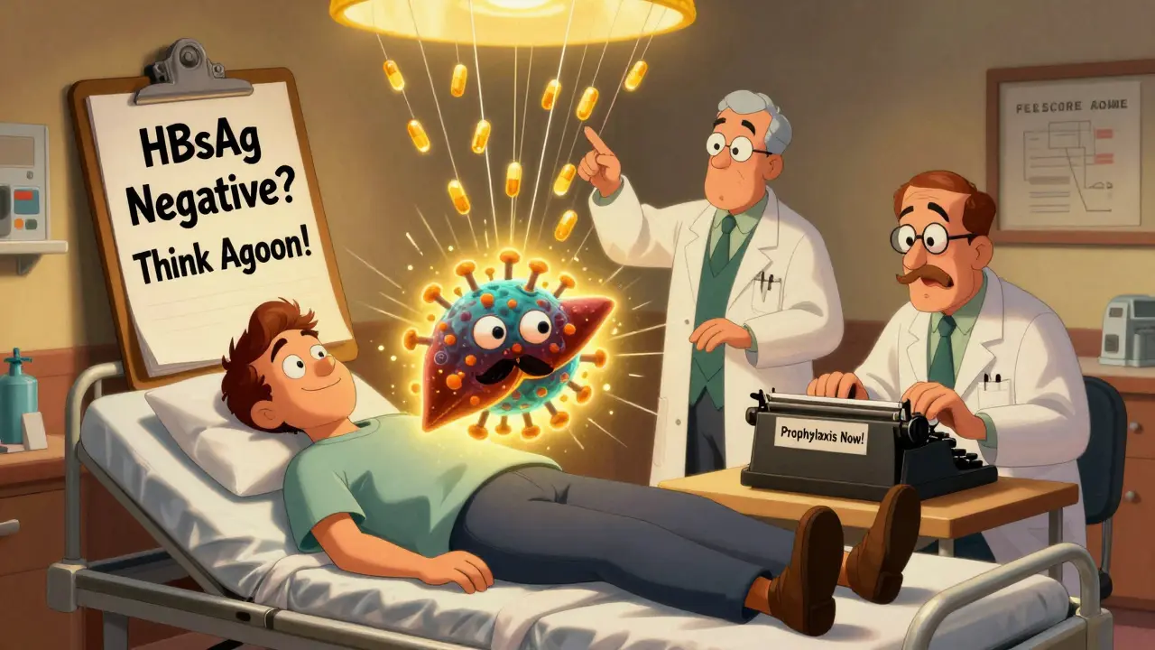 A patient receiving protective antiviral pills as a cartoon HBV virus erupts from their liver, with doctors urging prophylaxis in Fleischer Studios style.