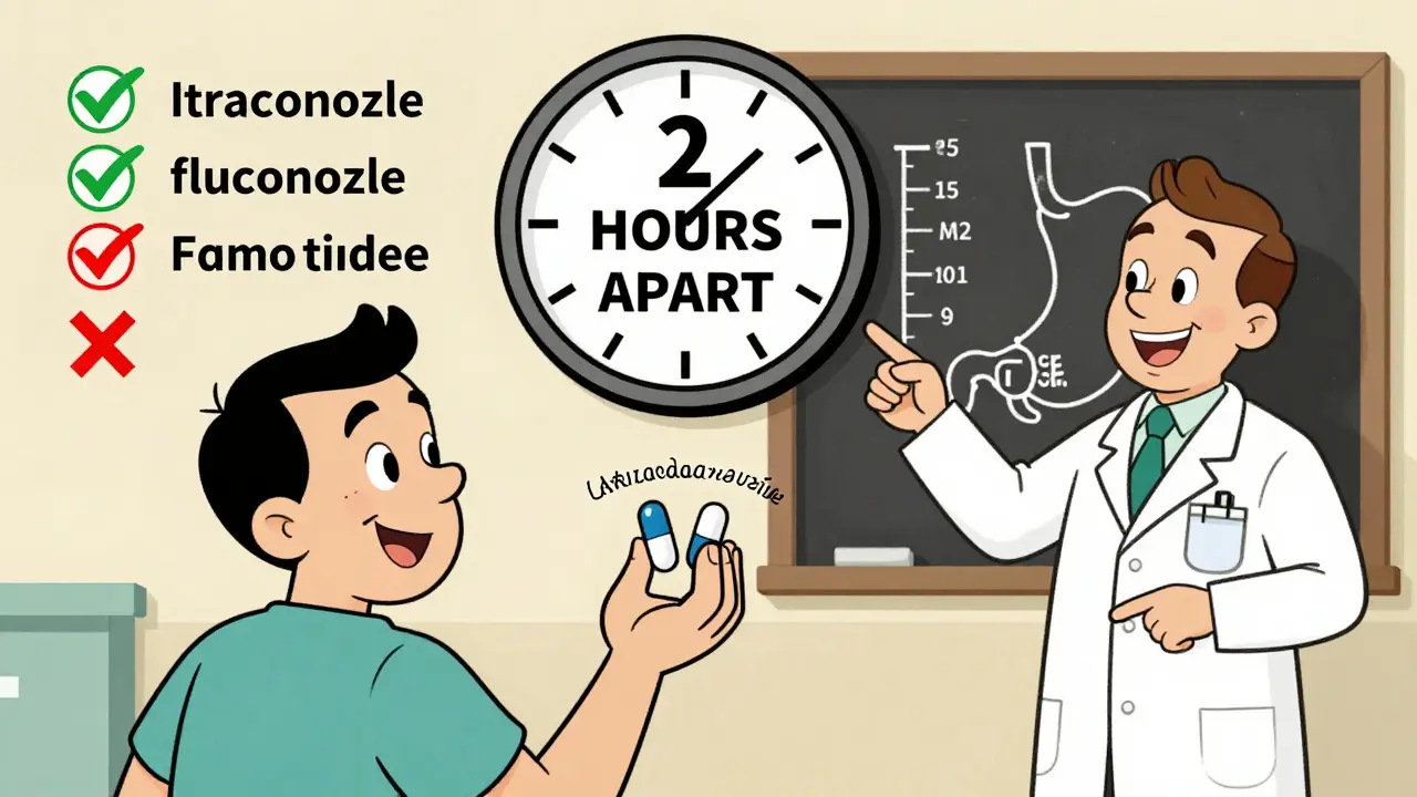 A patient takes pills two hours apart with a pharmacist guiding them via a pH chart.