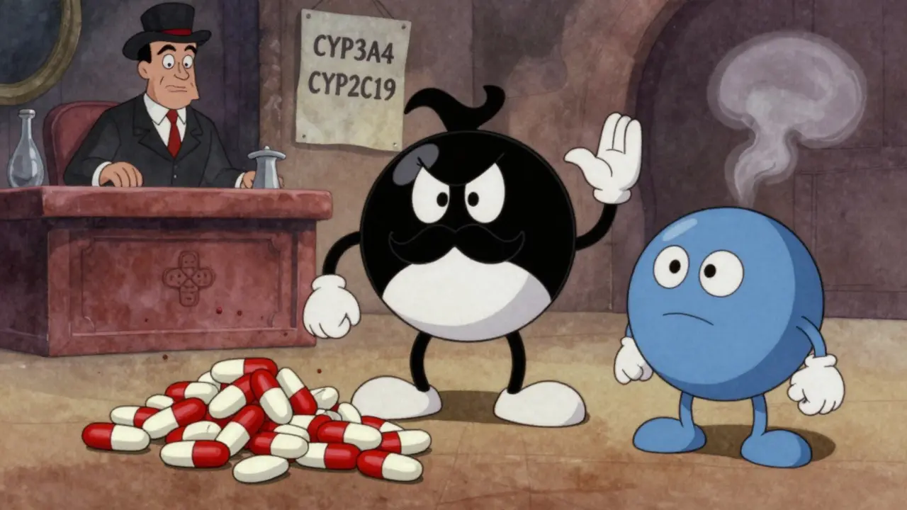 A villainous molecule blocking liver enzymes as drugs pile up, while a calm one watches.