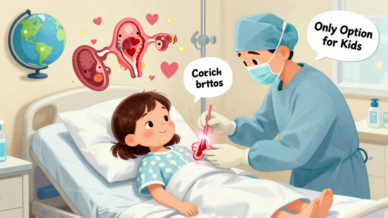 A young girl receives ovarian tissue freezing, with animated glowing ovaries above her bed, in Fleischer Studios cartoon style.