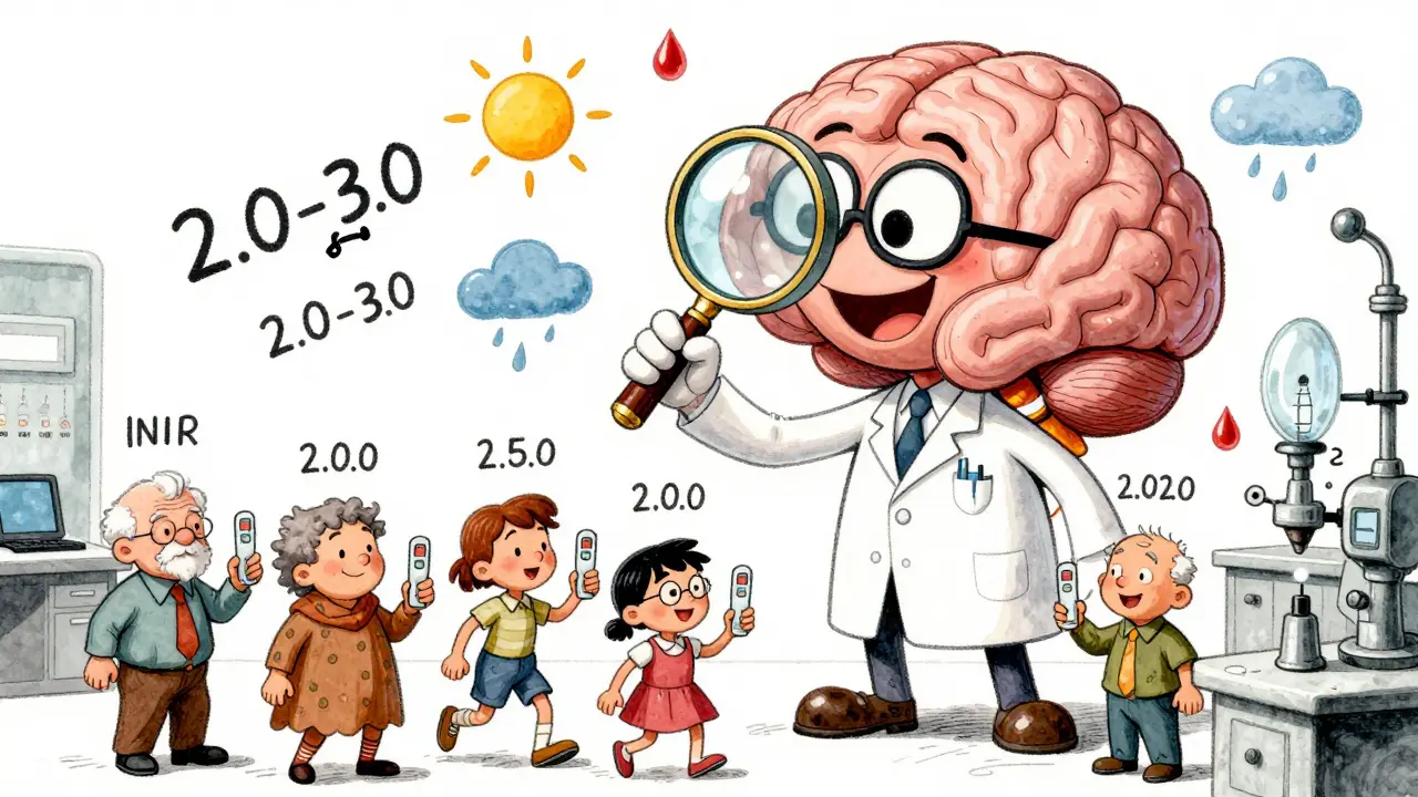 An AI brain analyzing blood with weather icons, while diverse patients hold home testing devices.