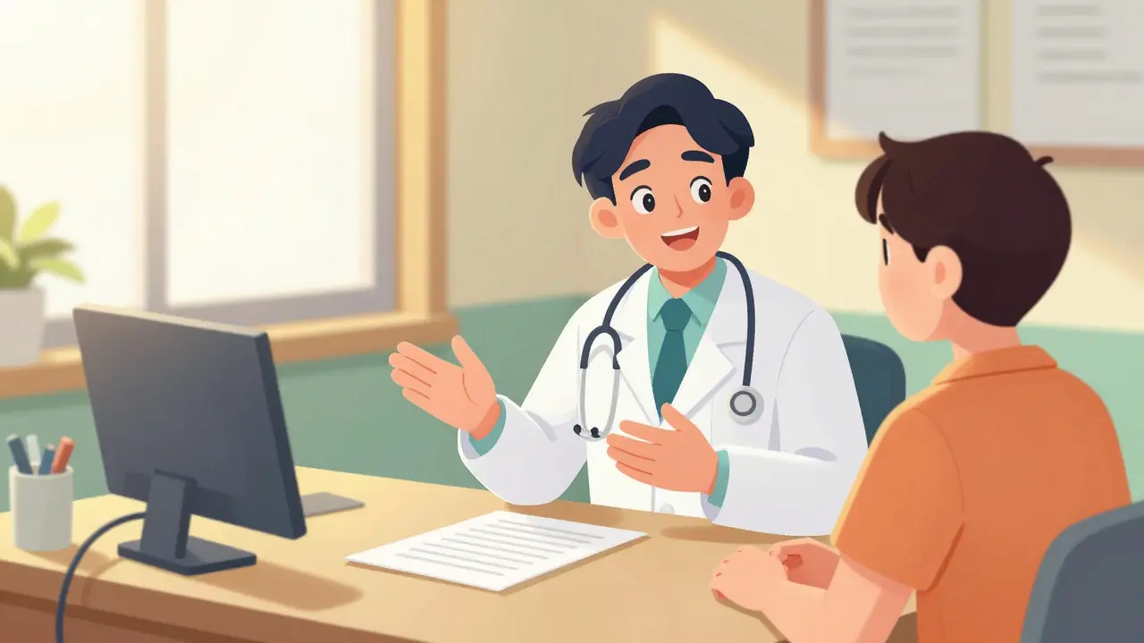 Doctor and patient having a hopeful consultation in office.