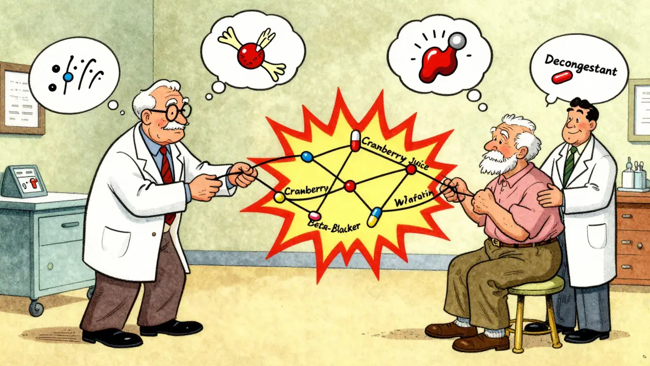 Doctor and pharmacist pulling apart a web of dangerous drug interactions in a hospital room.