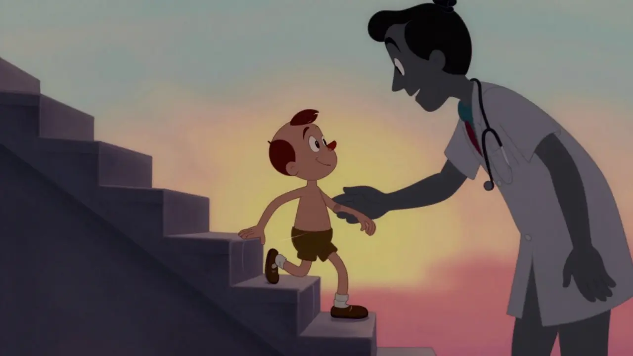 Figure walking down a staircase with a guiding silhouette nearby.