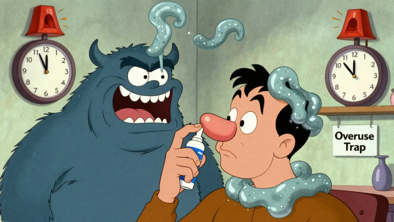 Man trapped by monstrous rebound congestion monster after overusing nasal spray.