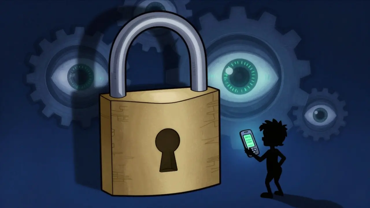 Open lock with shadowy eyes representing data risk in cartoon