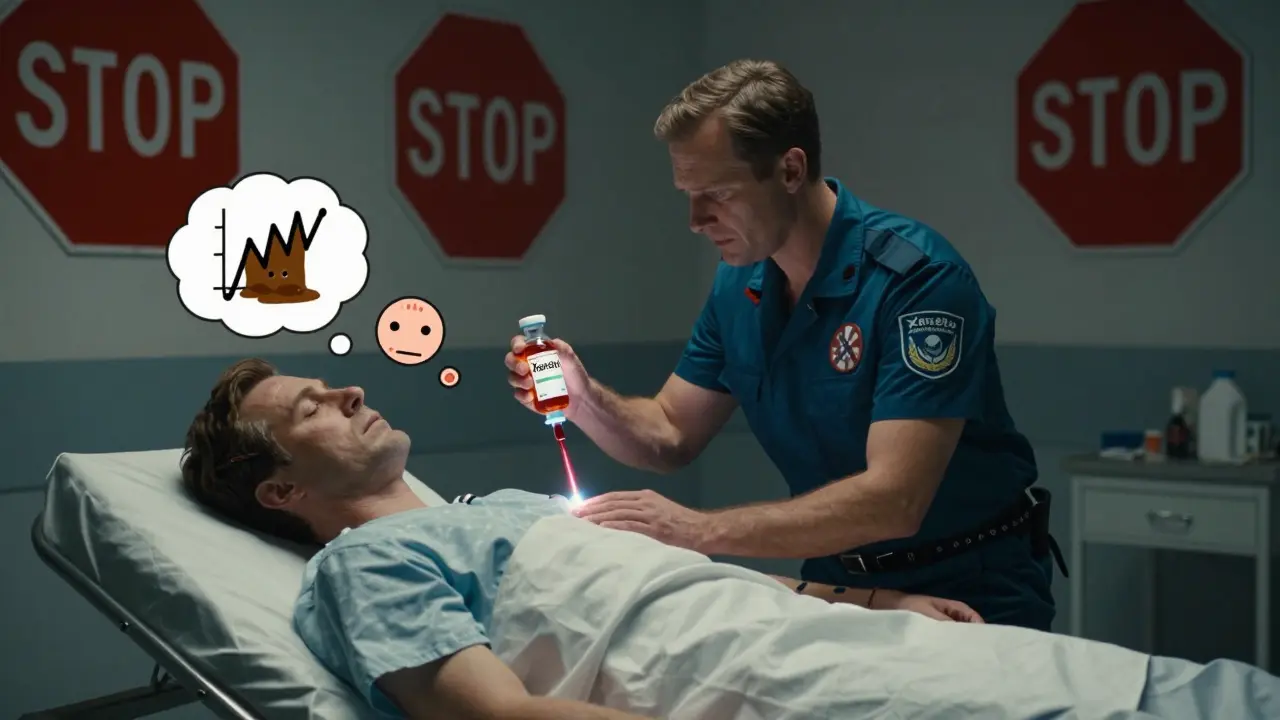 Paramedic administering a life-saving reversal agent to a patient on a gurney, with floating medical warning icons.