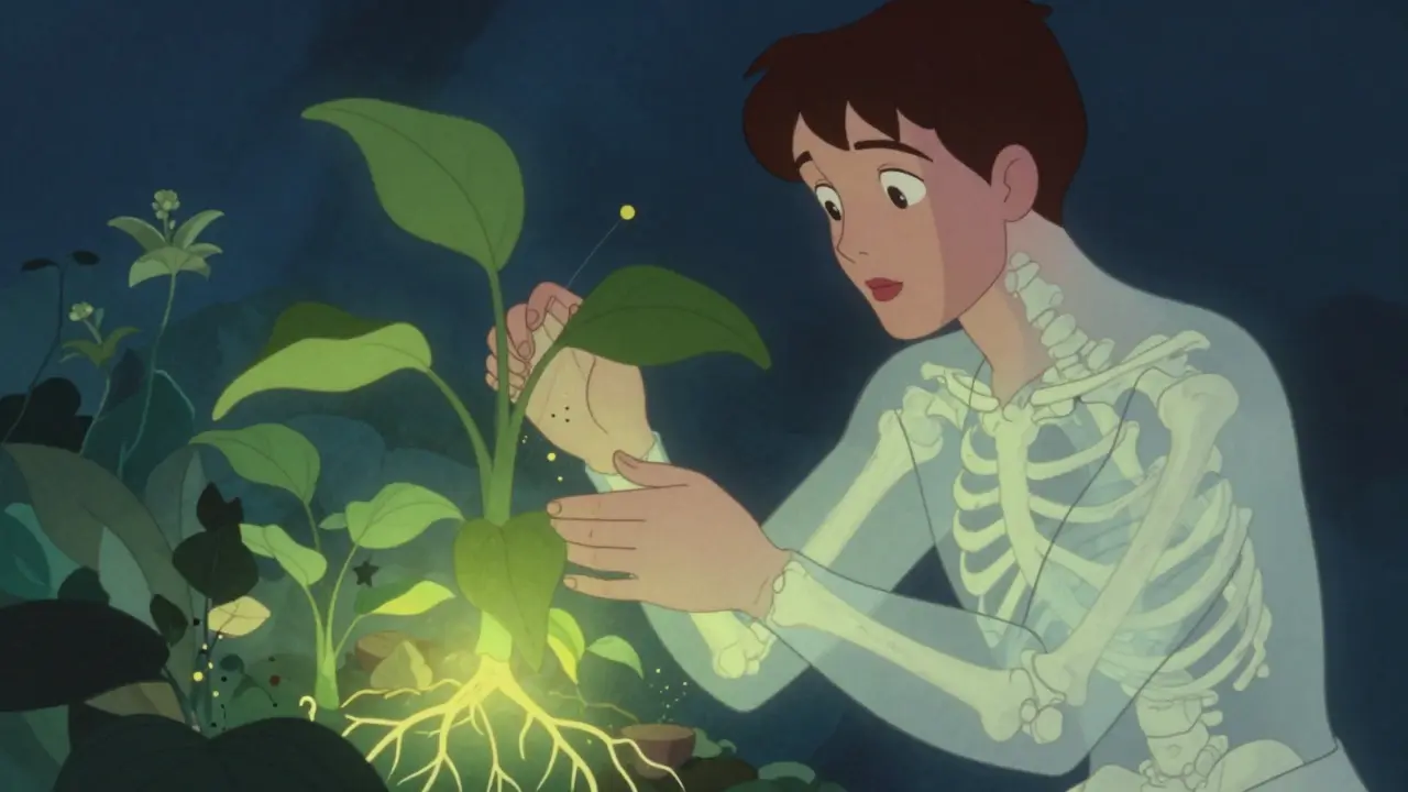 Person tending glowing plants inside a translucent human body outline.